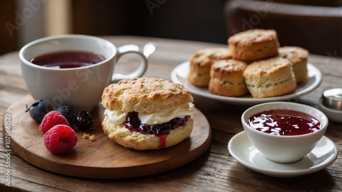 A delightful afternoon tea spread featuring scones, jam, cream, and tea.