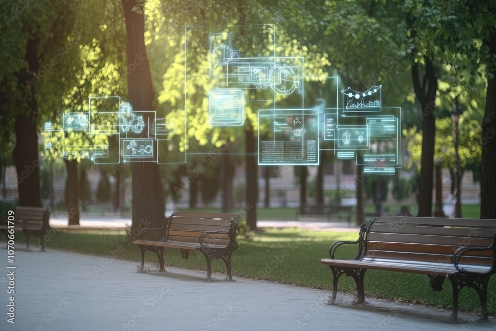 A serene park setting with holographic diagrams floating above benches, showcasing innovative concepts and ideas in a tranquil environment.