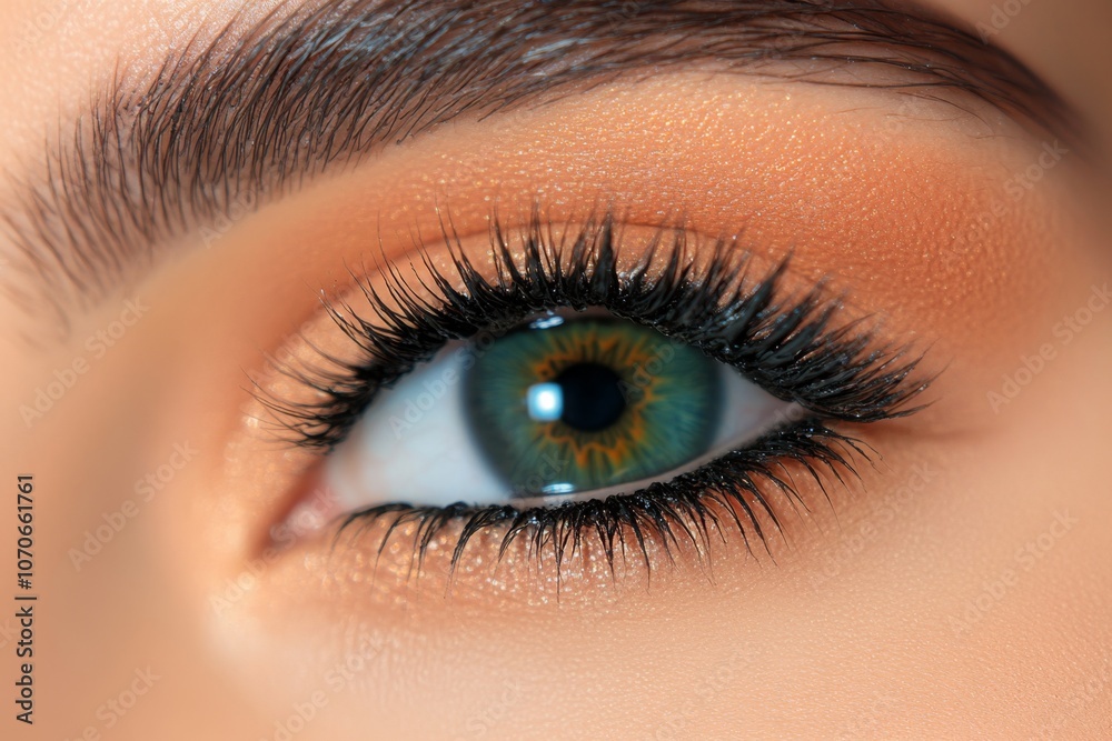 Close-up of long eyelashes with volumizing mascara applied, creating a bold, defined look Close-up of long eyelashes with volumizing mascara applied, creating a bold, defined look