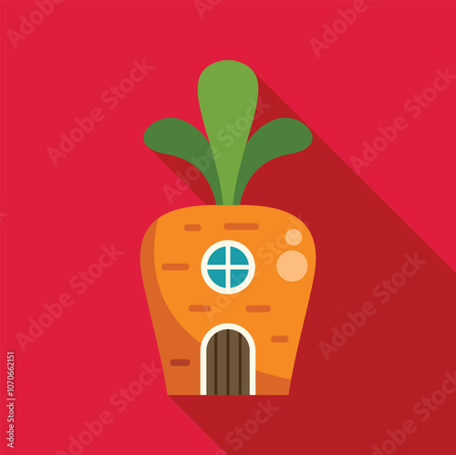 Quirky carrot house promoting healthy eating and eco conscious living on a vibrant red background