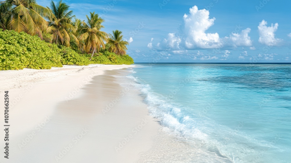 A serene tropical beach with soft white sand and crystal-clear turquoise waters under a bright blue sky. A serene tropical beach with soft white sand and crystal-clear turquoise waters under a bright blue sky.