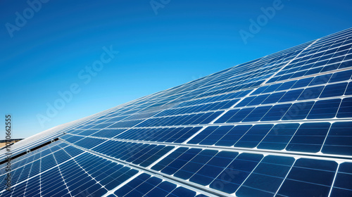 A solar panel array is shown in the sky with a blue background