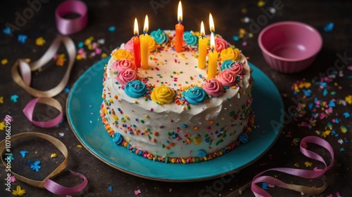 A colorful birthday cake with candles and decorations for a celebration.