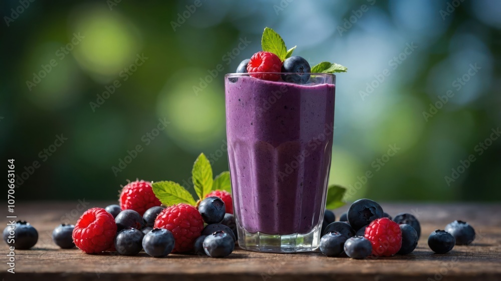 A refreshing smoothie made with berries, garnished with mint, on a wooden surface. A refreshing smoothie made with berries, garnished with mint, on a wooden surface.