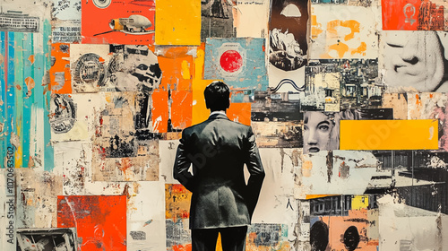 Business process. Contemporary art collage made of shots of young men, managers working hardly isolated over grey background, Concept of art, finance, career, co-workers, team. Vector illustration
