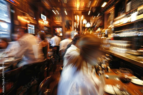 Busy restaurant interior during dinner service with patrons enjoying food and drinks in a vibrant atmosphere. Generative AI