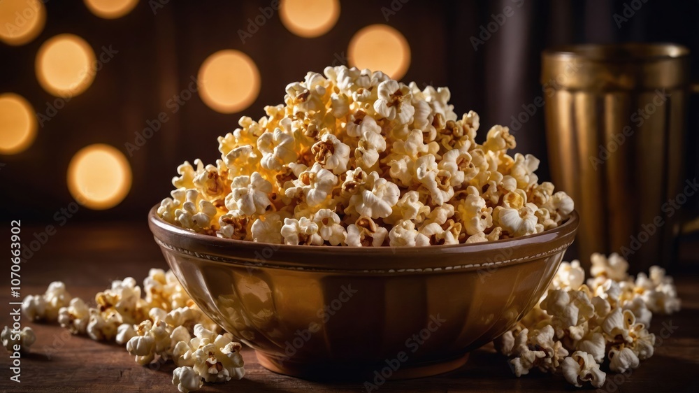 A bowl of buttery popcorn on a wooden table with soft, glowing lights in the background. A bowl of buttery popcorn on a wooden table with soft, glowing lights in the background.