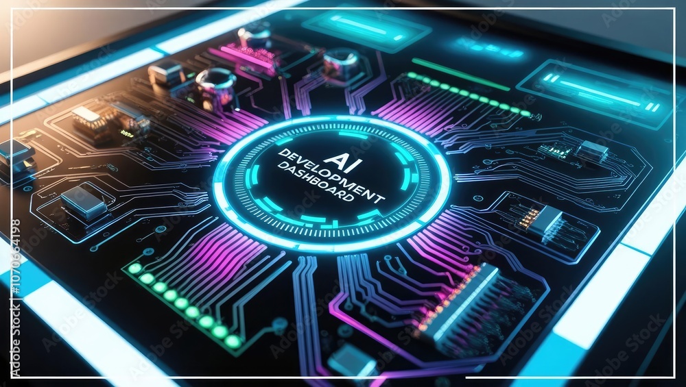 A futuristic circuit board design featuring glowing elements and the text A futuristic circuit board design featuring glowing elements and the text