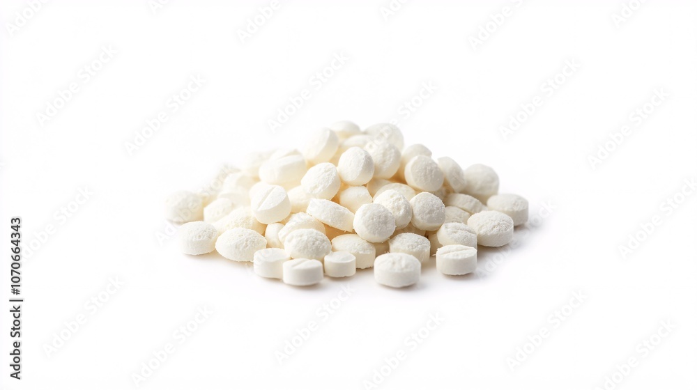 Close-up of White Pills: A Study in Texture and Form on a Stark White Background Close-up of White Pills: A Study in Texture and Form on a Stark White Background