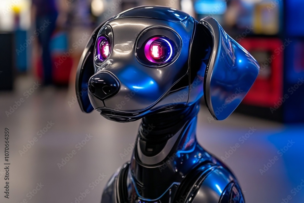 Futuristic robotic dog with sleek metallic features and glowing LED eyes in a high-tech environment Futuristic robotic dog with sleek metallic features and glowing LED eyes in a high-tech environment