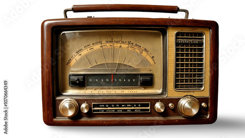 Vintage wooden radio with classic dials and speakers, retro audio device on white background