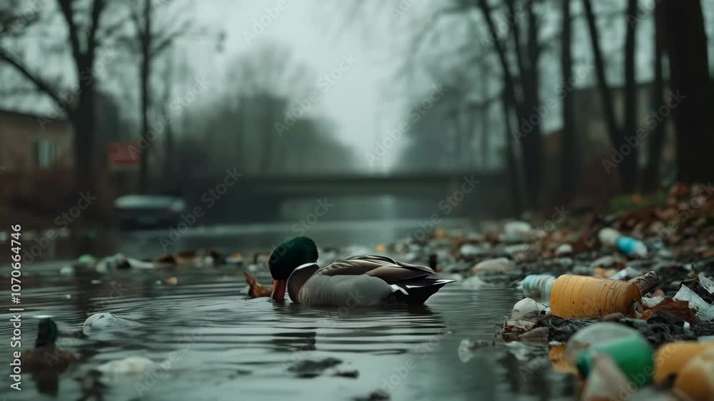 Mallard duck in polluted water with plastic waste. Environmental crisis concept