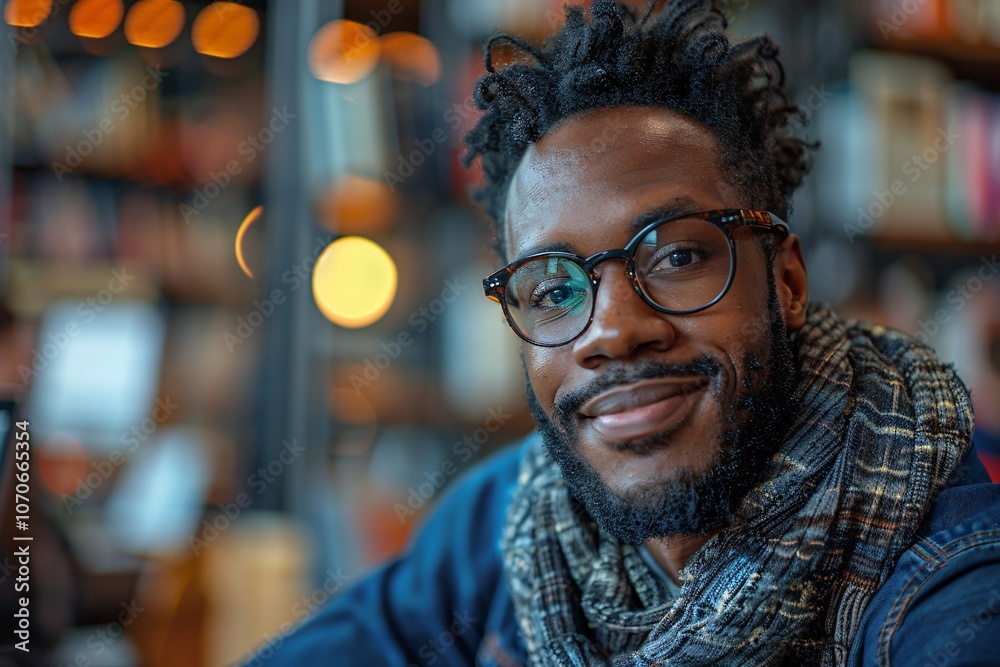 A man with glasses and a stylish scarf smiles warmly while seated at a table in a cozy bookstore, surrounded by warm lighting and shelves filled with books, creating an inviting atmosphere A man with glasses and a stylish scarf smiles warmly while seated at a table in a cozy bookstore, surrounded by warm lighting and shelves filled with books, creating an inviting atmosphere