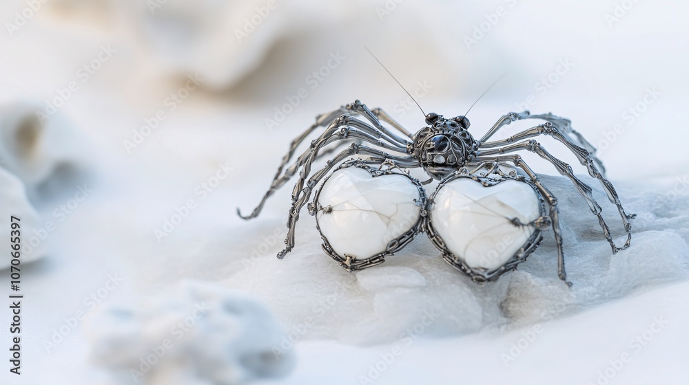 Metal Spider Sculpture with White Hearts - Intricate Arachnid Art Metal Spider Sculpture with White Hearts - Intricate Arachnid Art
