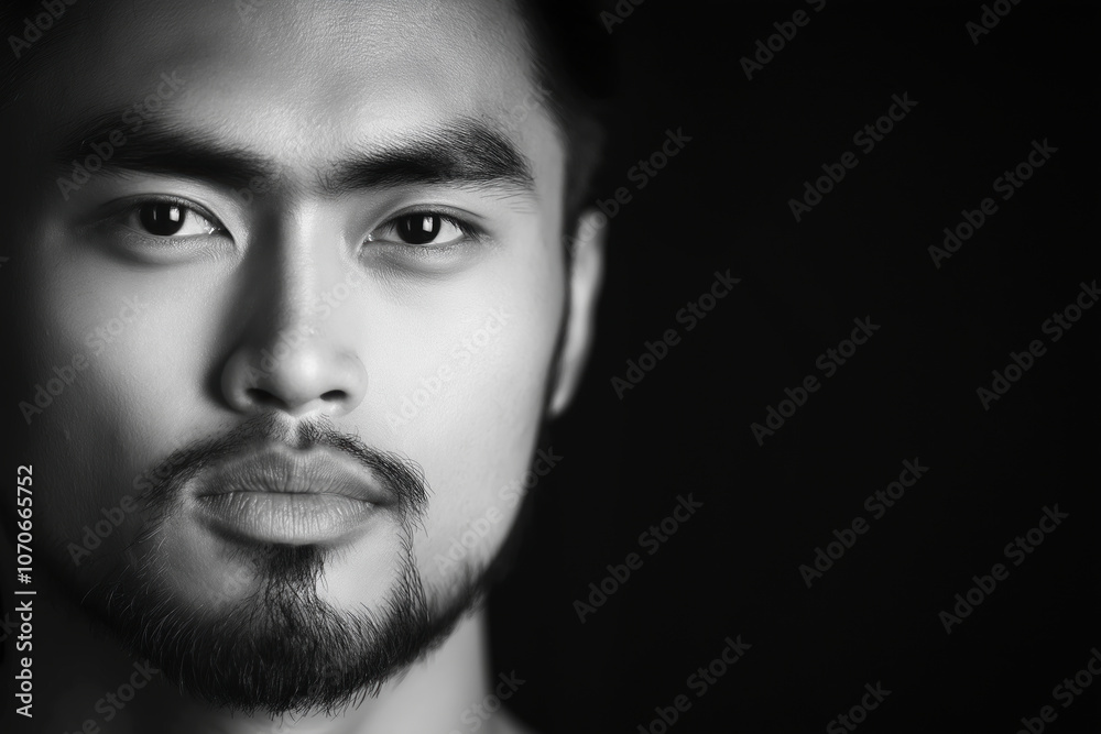 Close-up black white portrait of asian man with a strong gaze, showcasing masculinity and depth. Male portrait, intense expression, monochrome photography. Man looking ahead on black background Close-up black white portrait of asian man with a strong gaze, showcasing masculinity and depth. Male portrait, intense expression, monochrome photography. Man looking ahead on black background