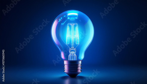 Blue holographic glowing lightbulb with copy space. 