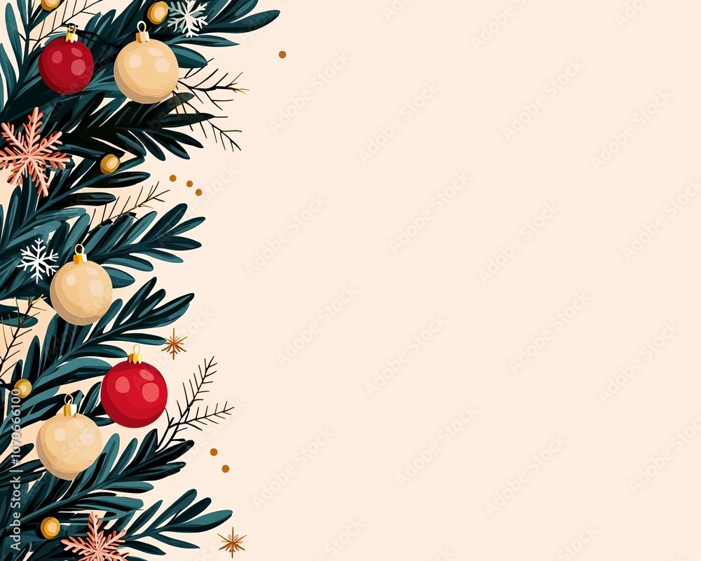 Festive Christmas decorations with green leaves, red and gold ornaments on a light background. Festive Christmas decorations with green leaves, red and gold ornaments on a light background.