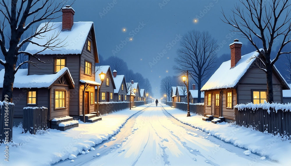 Fototapeta premium Watercolor painting, snowy village street at night with soft yellow lights glowing from the windows, quiet and serene mood, a single figure walking in the distance