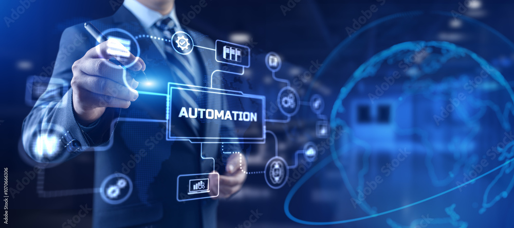 Automation Innovation technology concept. Businessman pressing button on screen. Automation Innovation technology concept. Businessman pressing button on screen.