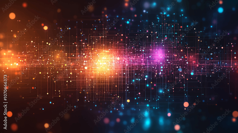 Obraz premium Cyber Big Data Flow Particles Bokeh. Digital Neural Network Concept of AI Artificial Intelligence Technology Learning. Digital Communication Science Technology Presentation Vector Illustration.