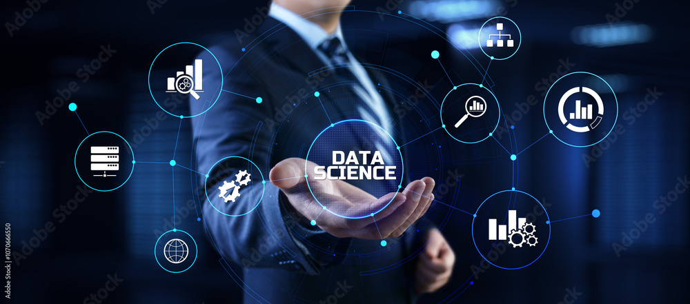 Data science analytics concept. Businessman pressing button on screen. Data science analytics concept. Businessman pressing button on screen.