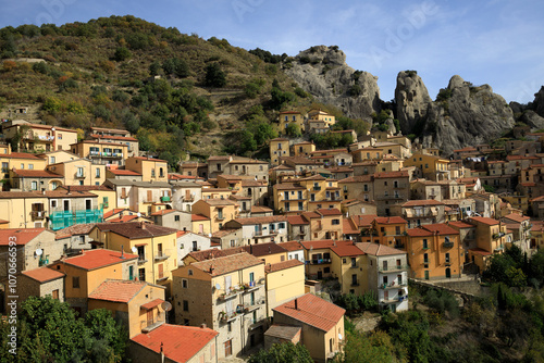 The picturesque village of Castelmezzano on the scenic rocks of the of the Apennines Dolomiti Lucane, Basilicata, Italy