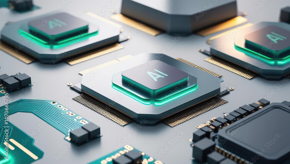 A close-up view of advanced microchips featuring a glowing design, highlighting AI technology and intricate circuitry. A close-up view of advanced microchips featuring a glowing design, highlighting AI technology and intricate circuitry.