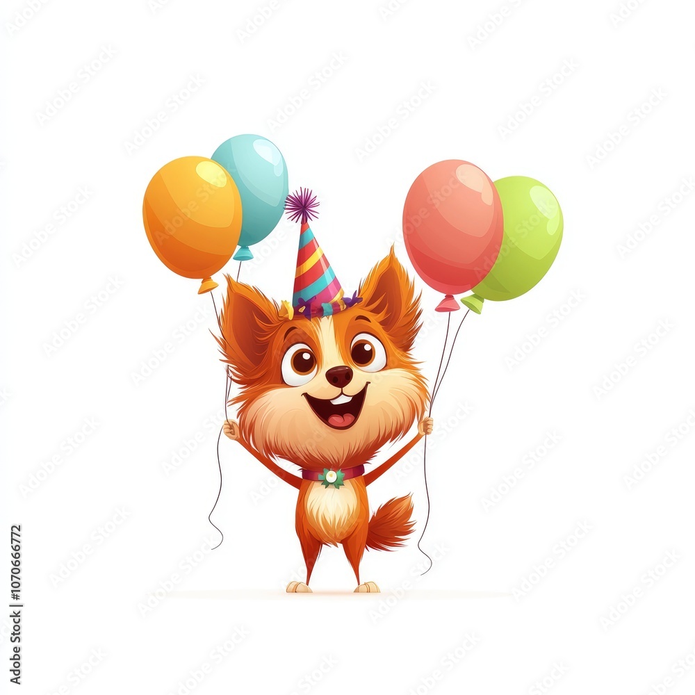 Fototapeta premium Happy Cartoon Dog Celebrating Birthday with Balloons