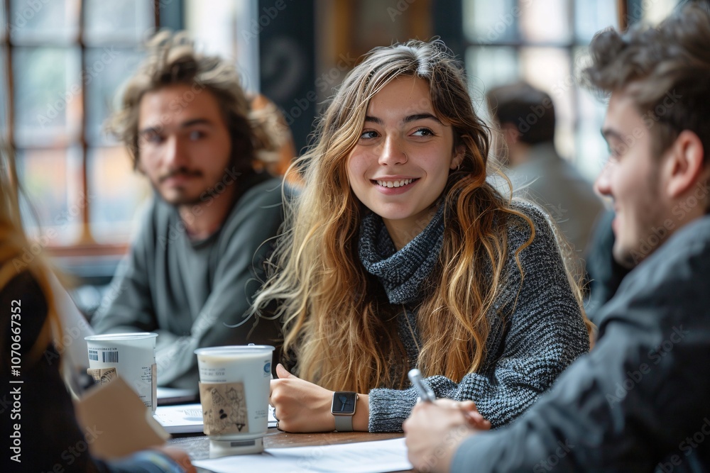 A group of young adults sits around a table in a cozy cafe, sharing smiles and engaging in deep conversation while enjoying warm drinks. The atmosphere is relaxed and inviting A group of young adults sits around a table in a cozy cafe, sharing smiles and engaging in deep conversation while enjoying warm drinks. The atmosphere is relaxed and inviting