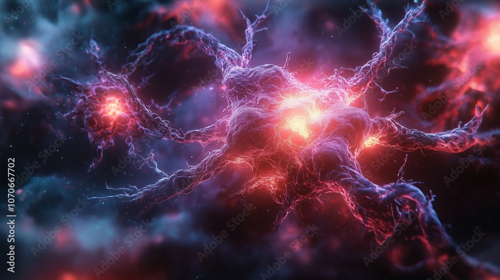 Close-up of interconnected neurons with glowing synaptic connections, visualizing brain activity in red and blue hues Close-up of interconnected neurons with glowing synaptic connections, visualizing brain activity in red and blue hues