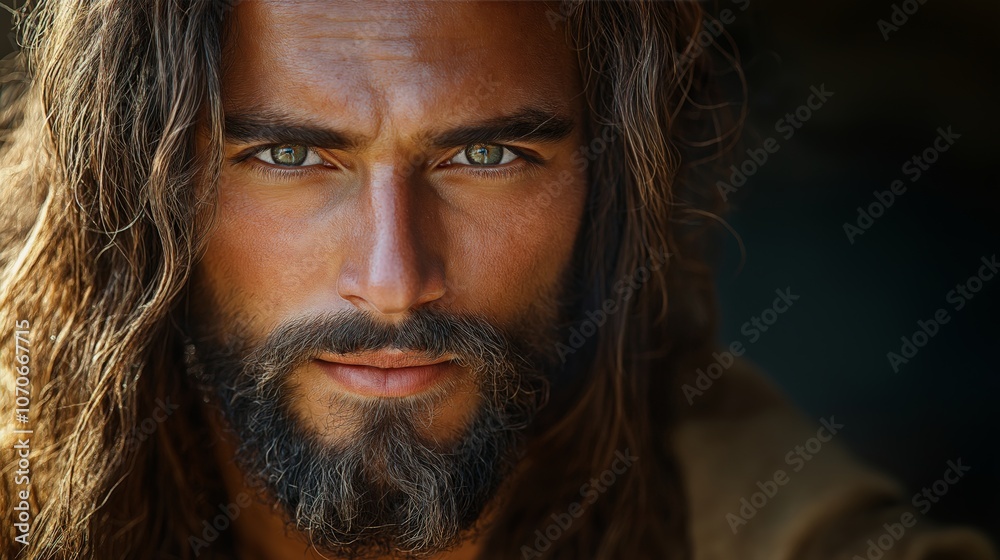 Young Jesus Christ portrait with serene expression, ample copy space for inspirational or spiritual design, earthy tones with soft glow Young Jesus Christ portrait with serene expression, ample copy space for inspirational or spiritual design, earthy tones with soft glow