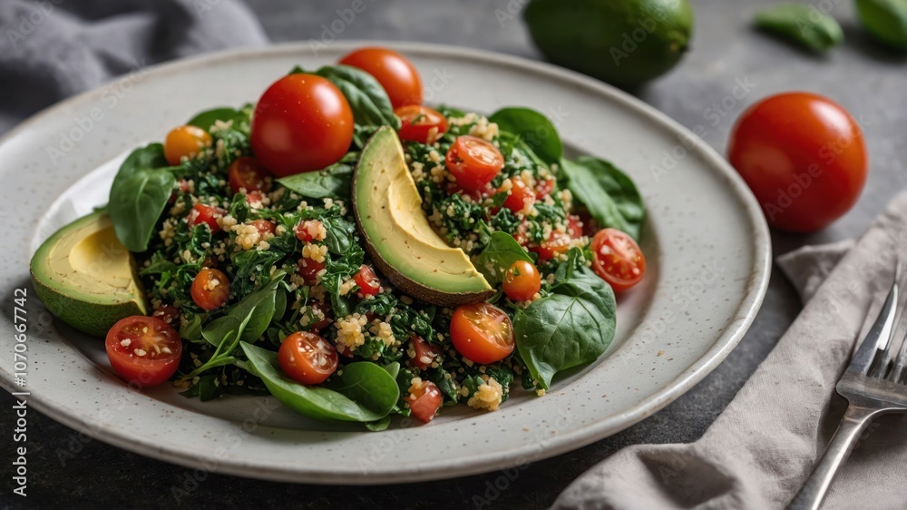 A vibrant salad featuring quinoa, spinach, cherry tomatoes, and avocado on a plate. A vibrant salad featuring quinoa, spinach, cherry tomatoes, and avocado on a plate.