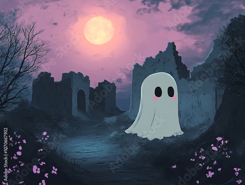 Ghostly Figure in Abandoned Castle Under Full Moon photo