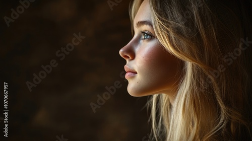 Portrait of a young blonde woman captured from a profile view, highlighting her natural beauty. The photo provides ample copy space for your design needs. photo