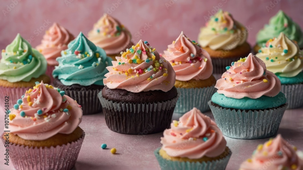 A colorful array of cupcakes with swirled frosting and sprinkles, perfect for celebrations.