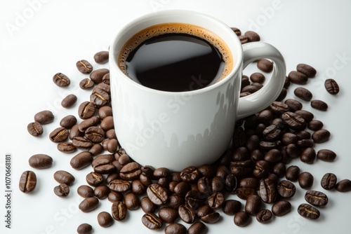 Simple illustration of a coffee mug with coffee beans around it, on a white background for a clean look