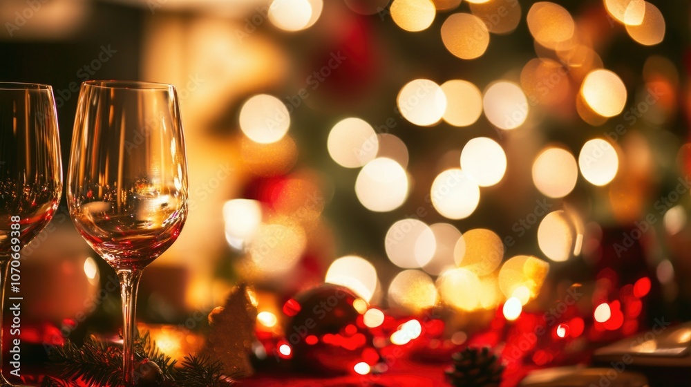 Two glasses filled with champagne stand on the New Year's table decorated with bright decorations for the year 2025. Two glasses filled with champagne stand on the New Year's table decorated with bright decorations for the year 2025.