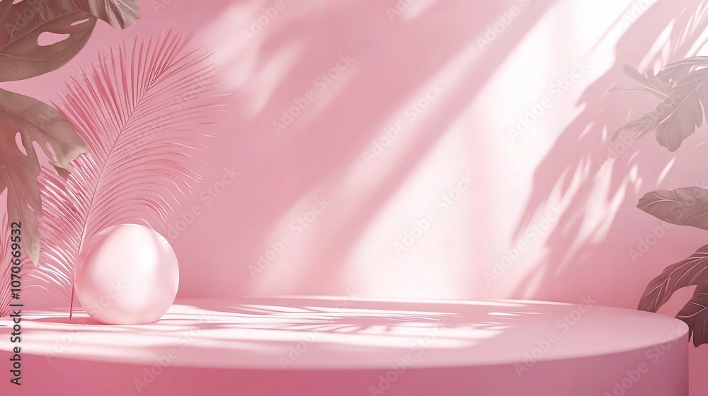 Abstract Pink Background with Sphere and Tropical Leaves Abstract Pink Background with Sphere and Tropical Leaves