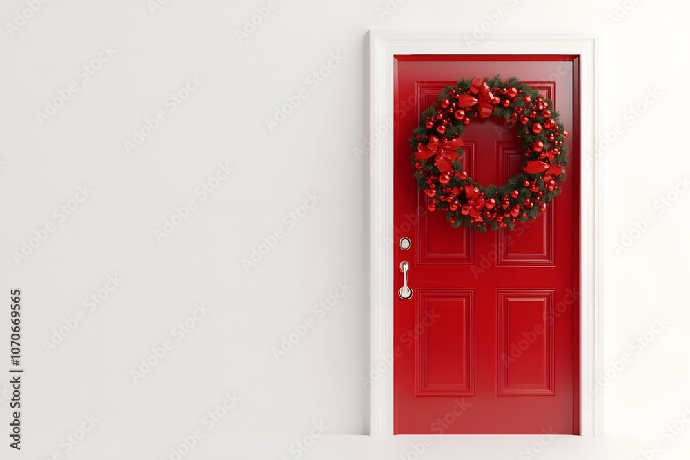 Bright red door adorned with a festive wreath. Bright red door adorned with a festive wreath.