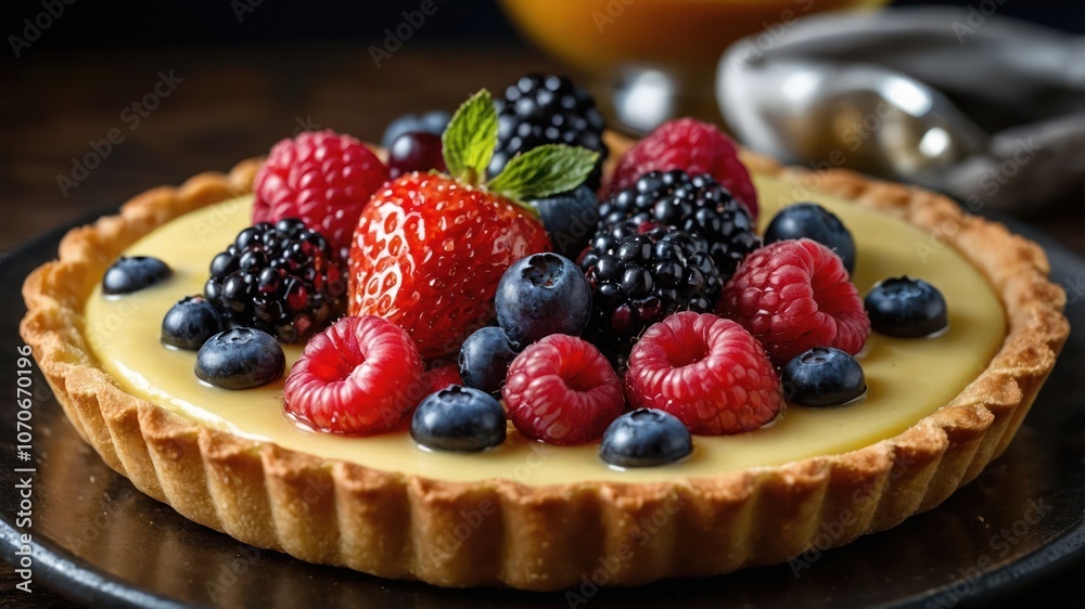 A delicious fruit tart topped with assorted berries and mint leaves. A delicious fruit tart topped with assorted berries and mint leaves.