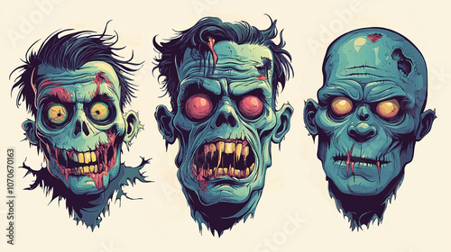Frankenstein monster portraits. Frankenstein face cartoon zombie head, vintage horror monsters avatars halloween party dead man comic creature set vector illustration.