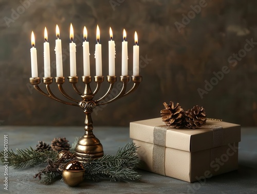 A beautifully arranged menorah with lit candles beside a gift box, pinecones, and evergreen sprigs, evoking a festive atmosphere. photo