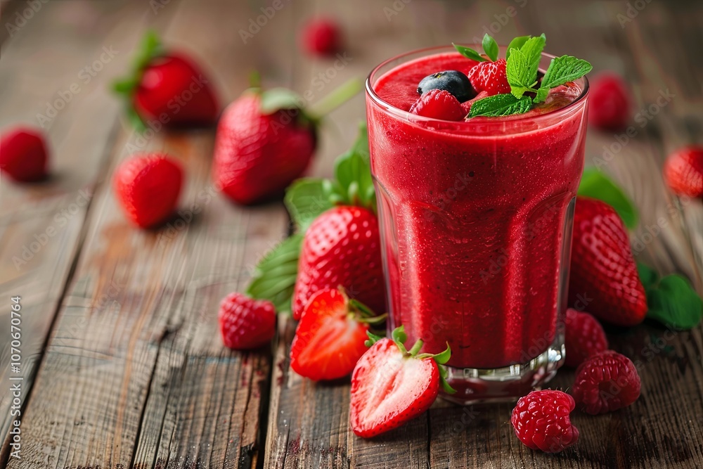 Refreshing berry smoothie served in a glass, surrounded by fresh strawberries, raspberries, and mint leaves on a wooden table. Generative AI Refreshing berry smoothie served in a glass, surrounded by fresh strawberries, raspberries, and mint leaves on a wooden table. Generative AI
