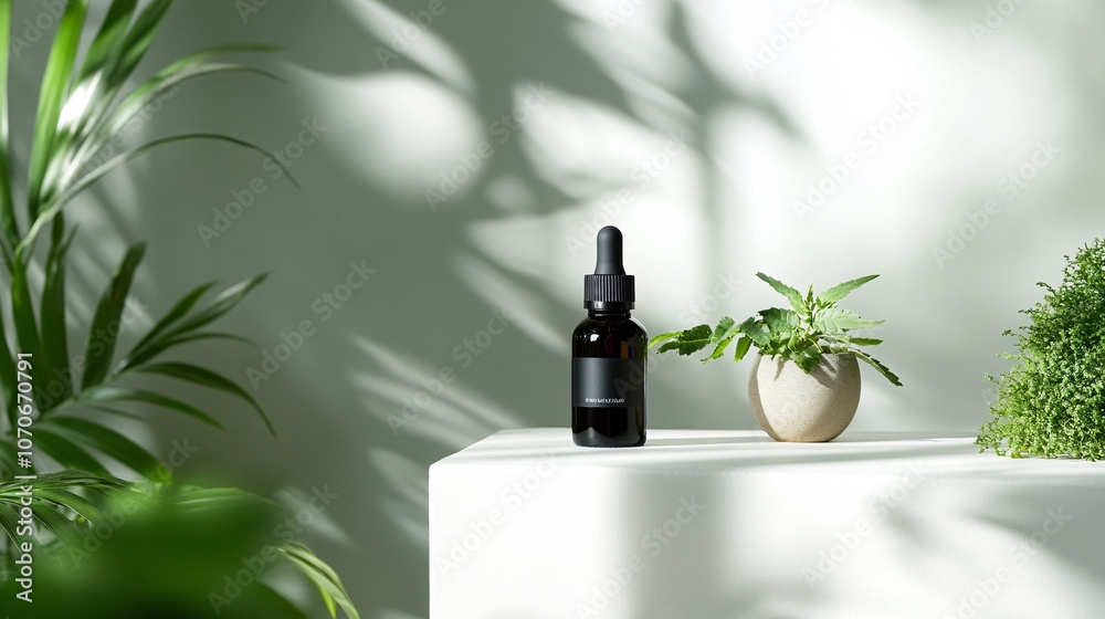 Essential Oil or Serum Bottle Mockup with Lush Greenery Essential Oil or Serum Bottle Mockup with Lush Greenery