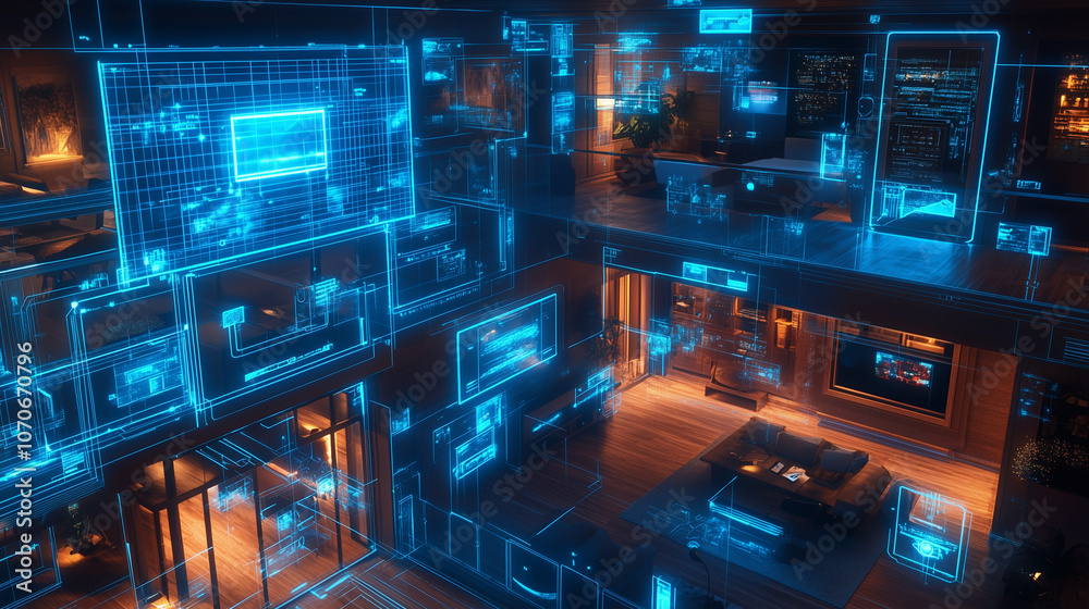 High-Tech Smart Home at Night with Glowing AI Control Panels, Wireframe Neon Connections, Aerial View of Connected Devices & Futuristic Gadgets High-Tech Smart Home at Night with Glowing AI Control Panels, Wireframe Neon Connections, Aerial View of Connected Devices & Futuristic Gadgets