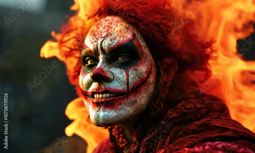 A fiery, sinister clown with a malevolent grin