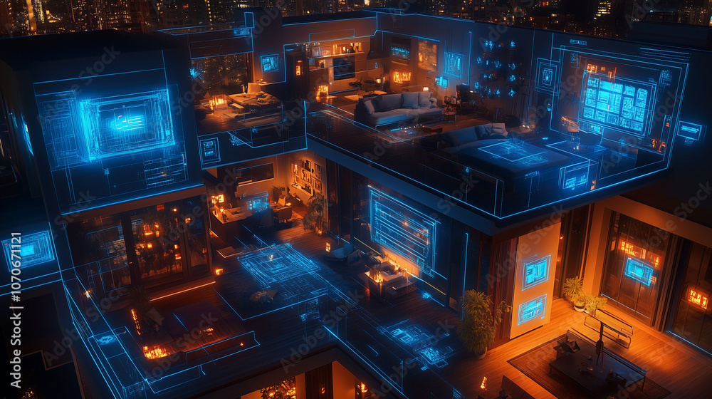High-Tech Smart Home at Night with Glowing AI Control Panels, Wireframe Neon Connections, Aerial View of Connected Devices & Futuristic Gadgets High-Tech Smart Home at Night with Glowing AI Control Panels, Wireframe Neon Connections, Aerial View of Connected Devices & Futuristic Gadgets