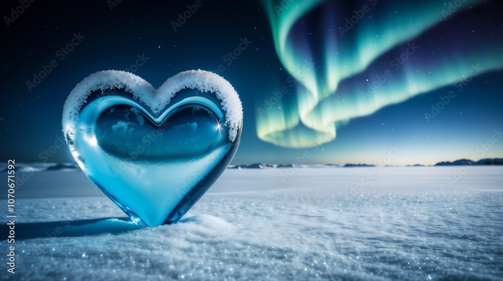 Fototapeta premium Blue ice heart stands in the snow against a night Arctic sky with Northern Lights, Polar winter, photorealistic symbol for Valentine's Day, visual allegory hinting at cold, frigid love or loneliness