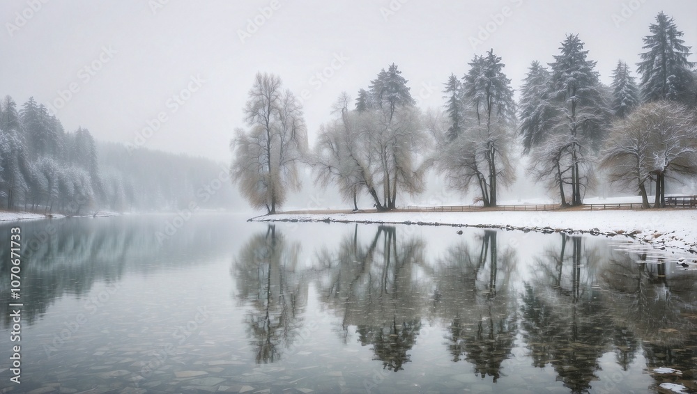 Snow-Covered Trees and Lake Reflections on a Foggy Winter Day Snow-Covered Trees and Lake Reflections on a Foggy Winter Day
