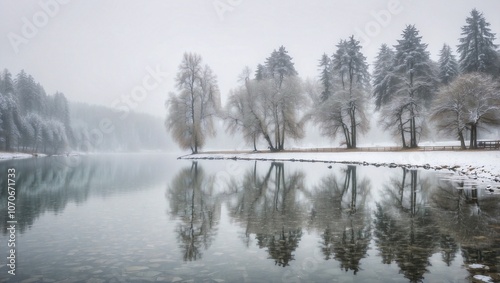 Snow-Covered Trees and Lake Reflections on a Foggy Winter Day